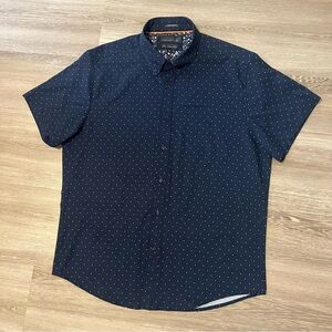 Denim & Flower Blue Polka Dot Short Sleeve Men’s Button Down Polo Shirt Size L